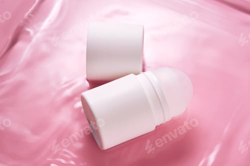 Visualização: Desodorante roll-on em um fundo rosa na água.