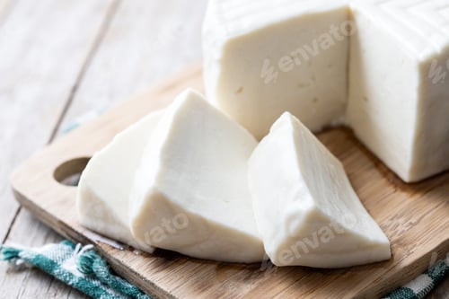 Preview: Sliced fresh white cheese from cow's milk on wooden table