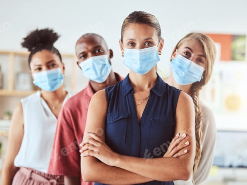 Preview: Covid business people, team portrait and staff with face mask for safety, health and corona virus r
