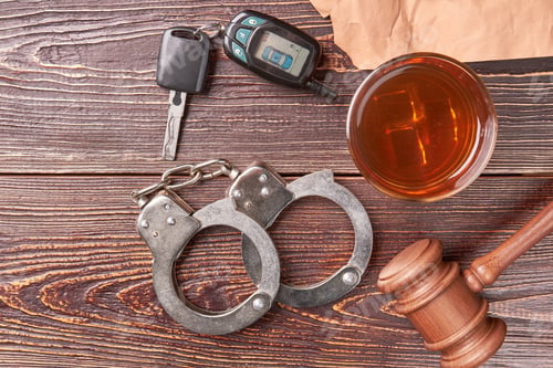 Preview: Gavel, key, handcuffs, whiskey, top view