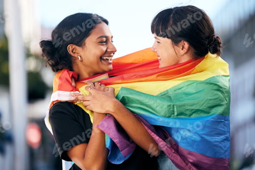 Preview: Lgbtq, happy women and flag for pride, equality and protest of love, support and care in city. Gay,