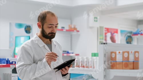 Preview: Medical employee keeps an eye on medicine boxes on shelves