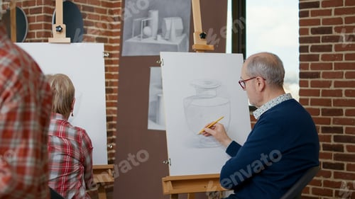 Preview: Elder man and woman drawing on canvas in art class