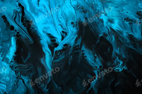 Preview: Fluid Art. Blue abstract wave swirls on black background. Marble effect background or texture