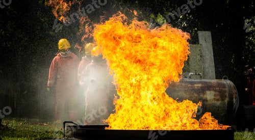 Preview: Fire flame in a firefighting training exercise. Firefighter training Concept.