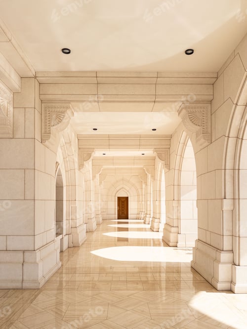 Preview: A sunlit corridor with arched doorways