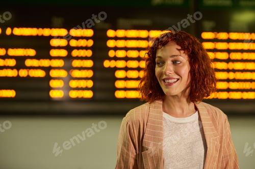 Preview: Smiling attractive young female at railway station
