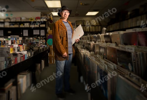 Preview: Portrait of mature man in record shop, holding records