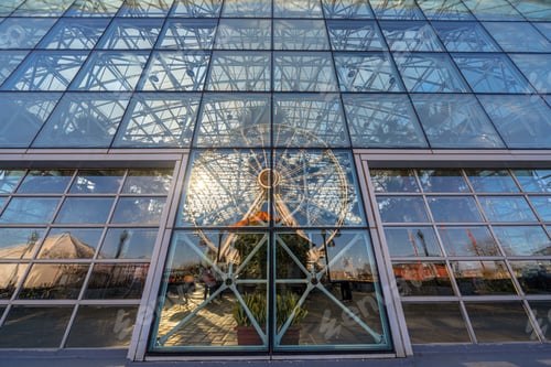 Preview: Navy pier ferris wheel reflection with windows glasses at the sunset time,Illinois, United States