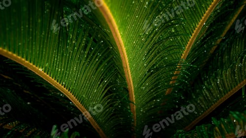 Preview: Macro shot of tropical palm tree leaves texture covered in rain water drops