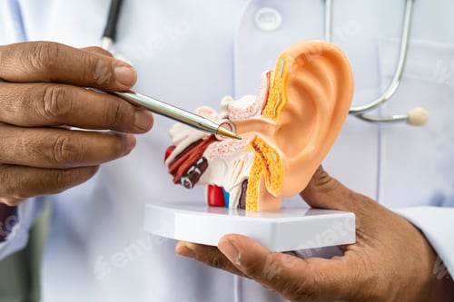 Preview: Asian doctor holding human ear model to learn and treat hearing loss in patient.