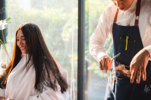 Preview: woman client person having a process to making treatment a hair with hairdresser in beauty salon