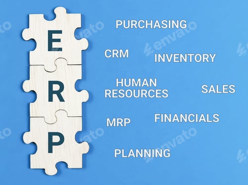 Preview: Enterprise Resource Planning concept. Text ERP with jigsaw puzzle pieces on blue background.