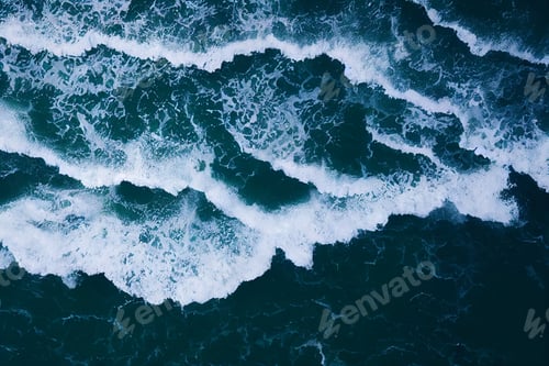 Preview: Aerial drone view with of crashing waves in crystal ocean. Top view. Blue clean wavy sea water.Blue