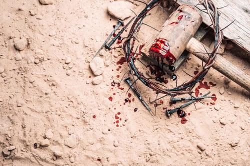 Preview: Good Friday, Passion of Jesus Christ. Crown of thorns, hammer, bloody nails on ground. Christian