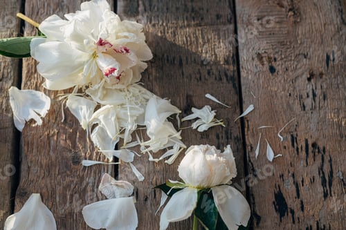 Preview: Beautiful peony withered petals in sunlight on rustic aged wood, flat lay