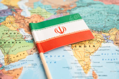 Preview: Bangkok, Thailand December 7, 2023, Iran flag on world map background.