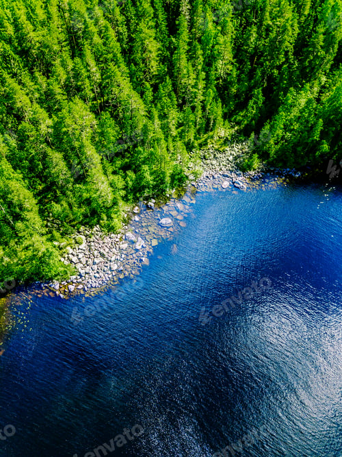 Preview: Aerial drone view of blue lake water with green tree woods on a sunny summer day in Finland