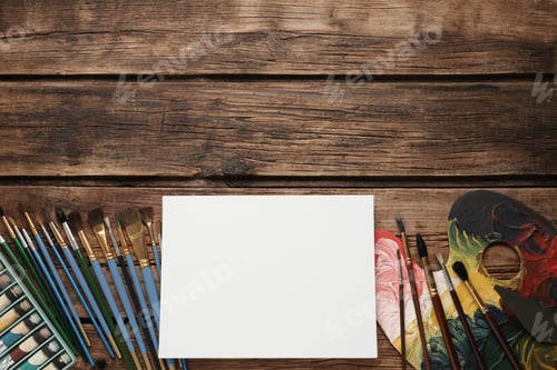 Preview: Blank Canvas Surrounded by Art Supplies on Wood