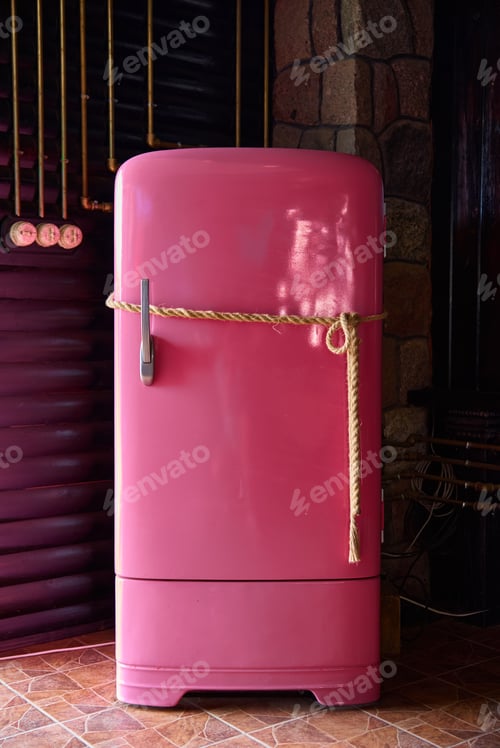 Preview: Vintage pink fridge tied with a rope