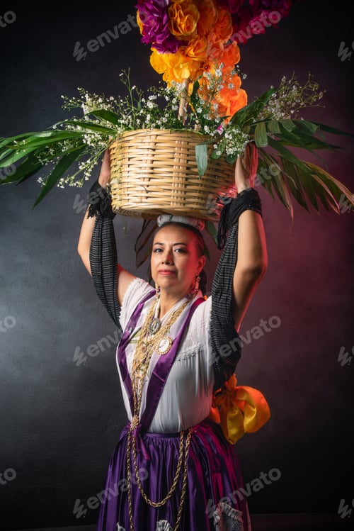 Preview: A woman wearing a purple dress and holding a basket of flowers