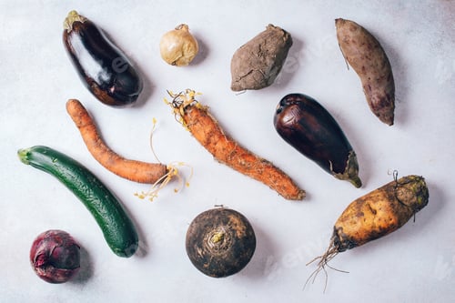 Preview: Ugly vegetables on grey background. Ugly food concept. Top view, flat lay