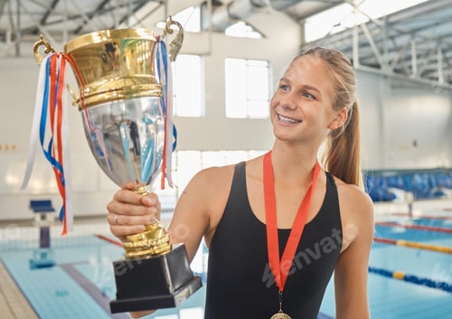 Preview: Swimming, trophy and winner of competition with medal, achievement or happiness from success in the