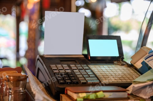 Preview: Cashier counter with digital screen and white label on wooden table