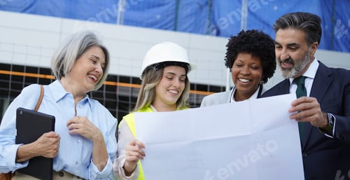 Preview: Smiling architects and engineers examining blueprint at construction site
