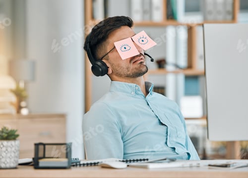 Preview: Tired, sleeping and business man with sticky note eyes from low energy and burnout at office desk.