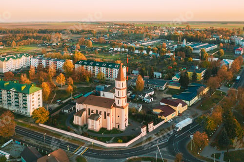 Preview: Ruzhany, Brest Region, Belarus. Cityscape Skyline In Autumn Sunny Evening. Bird's-eye View Of