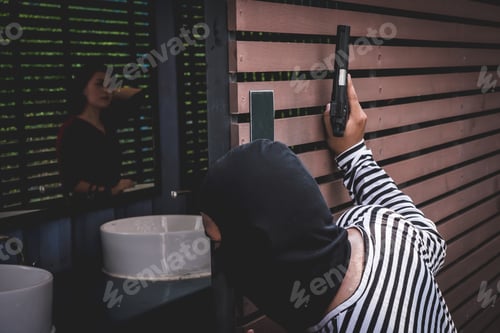 Preview: Thief is looking at an asian woman who is in a toilet alone because he want to steal her bag.