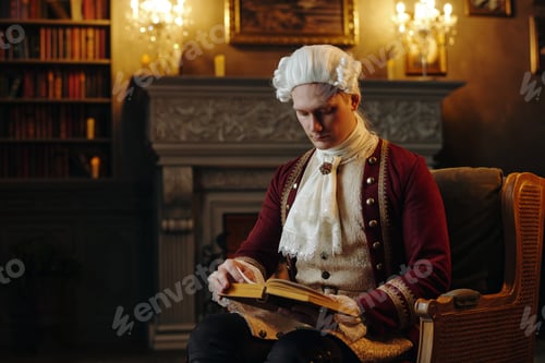 Preview: Caucasian Young Adult Man Wearing Baroque Costume Reading Book Indoors
