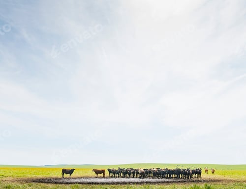 Preview: Herd of cows at watering hole in field landscape