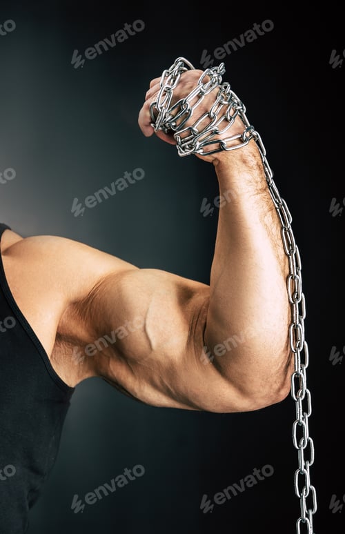 Preview: cropped shot of man holding metal chain in hand isolated on black