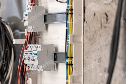 Preview: Voltage switchboard with circuit breakers, close up.