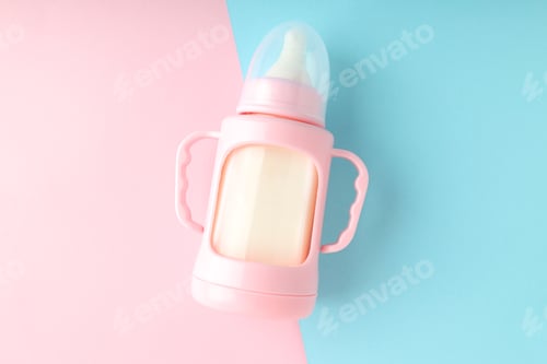 Preview: Concept of baby food with рowdered milk on two-color background