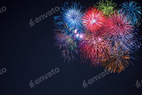 Preview: Celebration multicolored fireworks, copy space