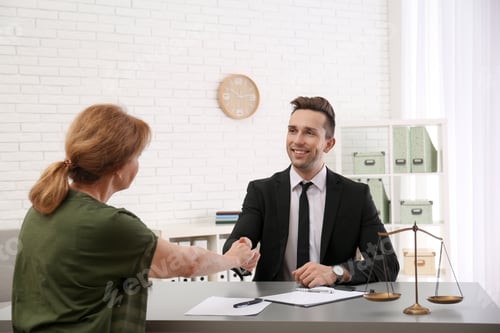 Preview: Young lawyer having meeting with senior client in office