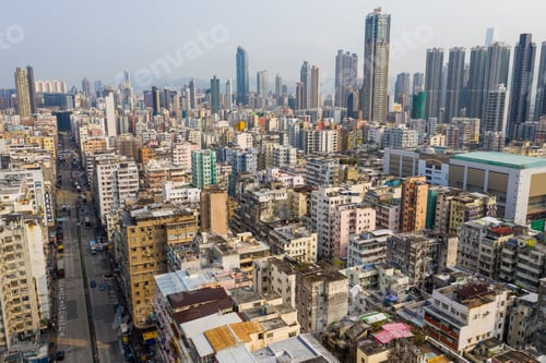 Preview: Sham Shui Po, Hong Kong, 19 March 2019: Aerial view of Hong Kong downtown city