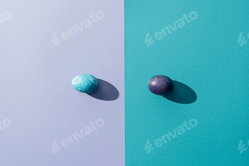Preview: top view of traditional easter eggs, on blue and purple