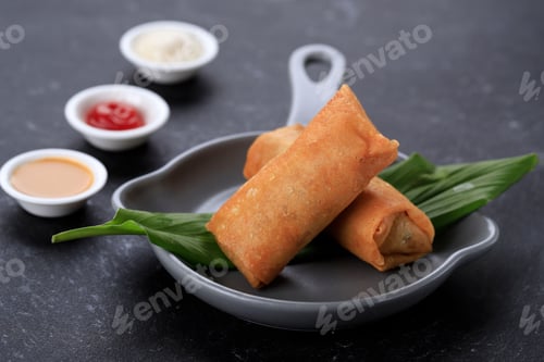 Preview: Fried Spring Roll with Peanut Sauce, Chilli Sauce, and Mayonaise