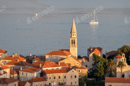 Preview: Amazing view of the beautiful city of Budva before sunset