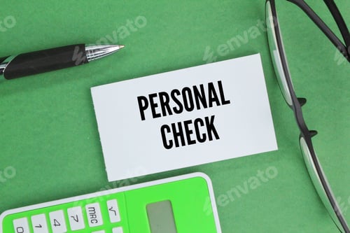 Preview: calculator, pen and glasses with the word personal check.