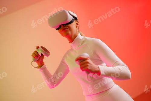 Preview: Female in VR glasses against illuminated background