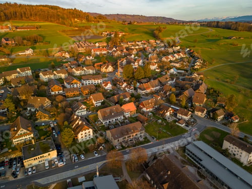 Preview: Aerial panorama view to lake Zug and Swiss Alps with Mettmenstetten, Switzerland
