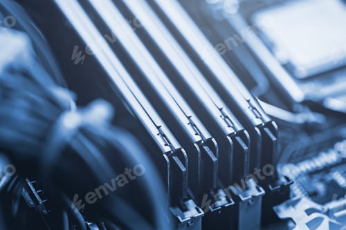 Preview: Four sticks of DDR RAM memory inside modern personal computer