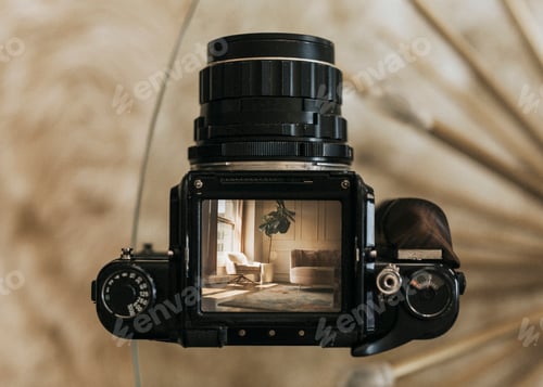 Preview: Living room interior through the lens of an analog camera