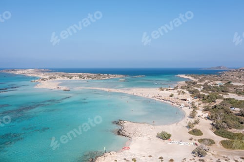 Preview: Elafonisi lagoon, Crete island Greece. Aerial drone view of turquoise water, beach with pink sand.