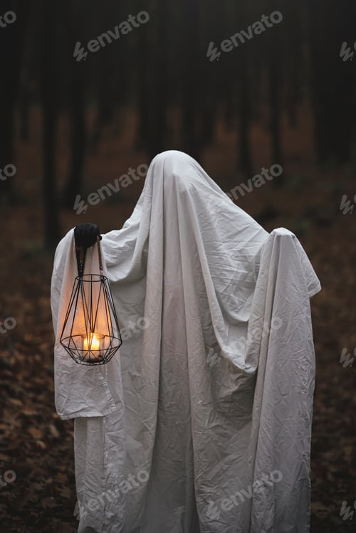 Preview: Happy Halloween! Spooky ghost holding glowing lantern in moody dark autumn forest